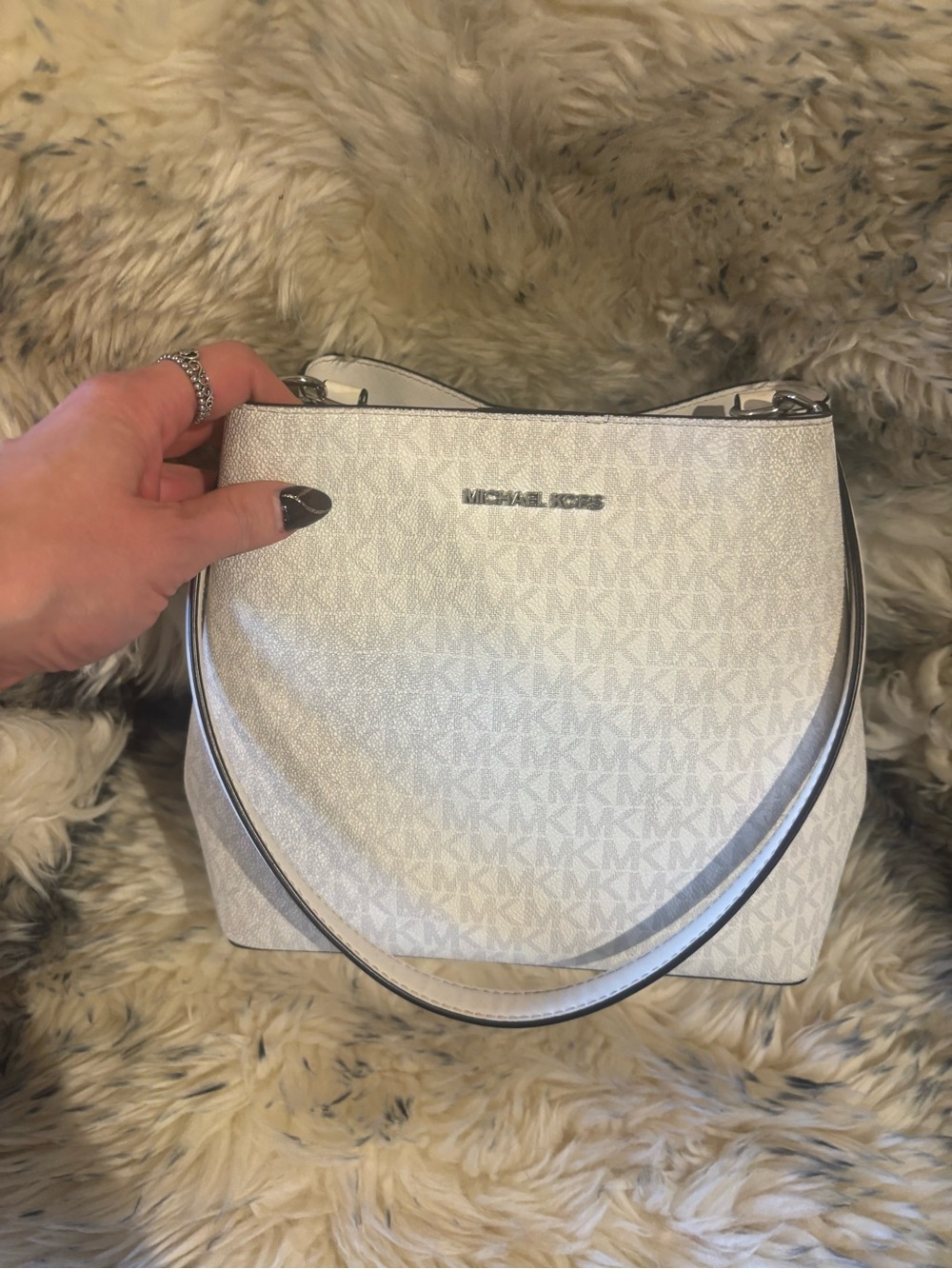 Michael Kors White Signature Monogram Shoulder Bag | Silver Hardware